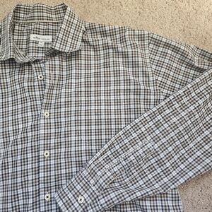 Peter Millar Button Down Shirt Mens XL Blue Brown White Plaid Long Sleeve Cotton